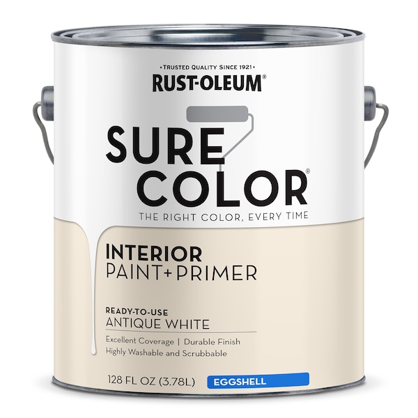 Rust-Oleum Interior Paint/Primer, Eggshell, Water Base, Antique White, 1 gal 380221 - main